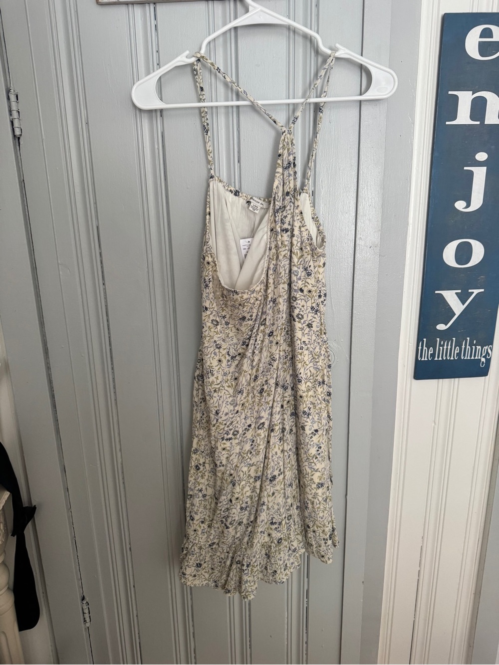 American Eagle Outfitters Cream Floral Mini Slip Dress with Blue Print